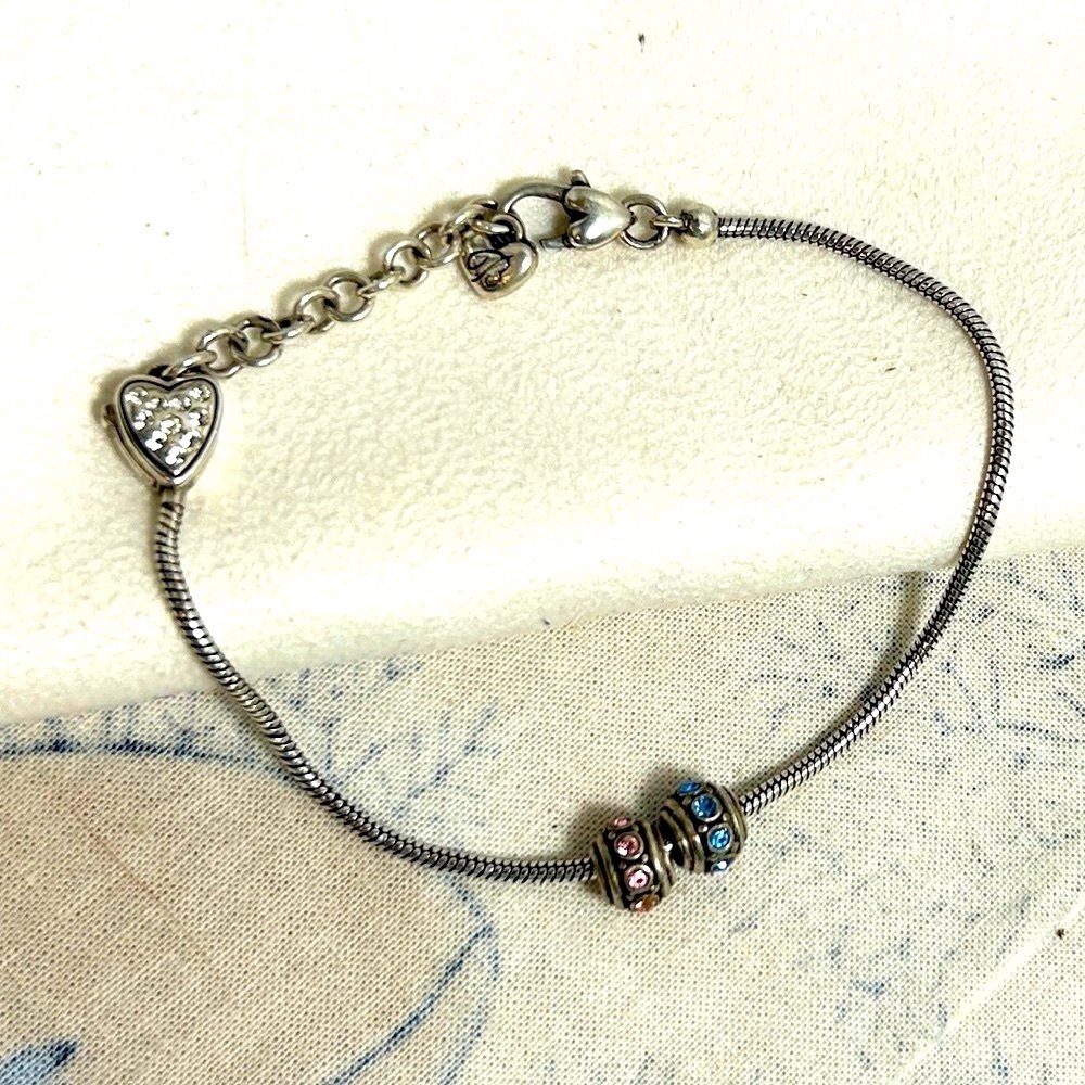 Brighton Heart Slide Charm Bracelet with 2 Mini Spacers Silver Plated 7" to 8"